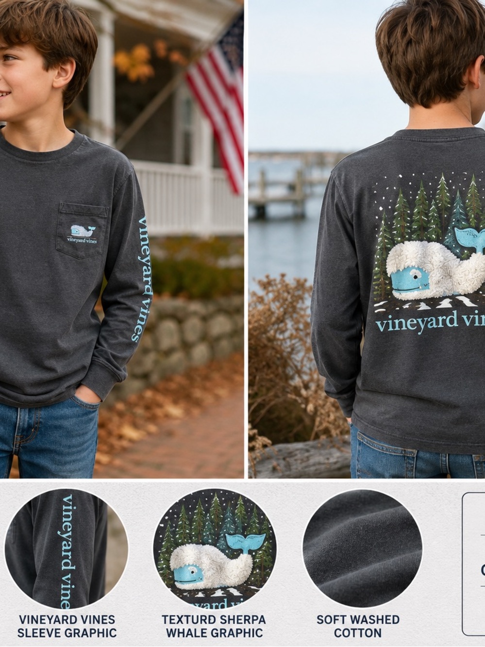 Vineyard Vines Boys L Sherpa Whale Long Sleeve Pocket Tee Gray
